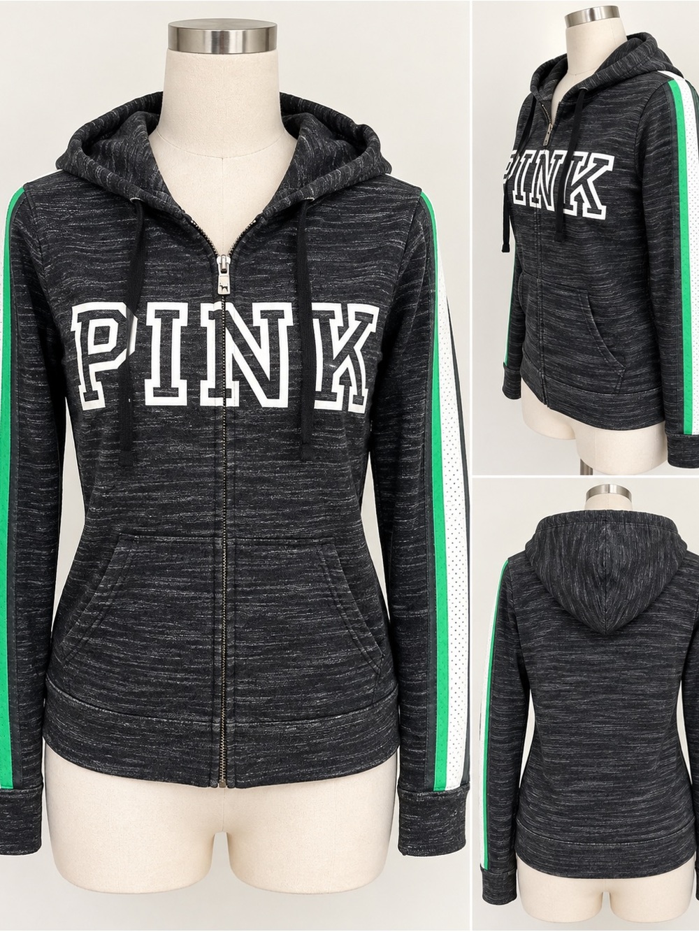Victoria's Secret PINK Zip Hoodie with Green & Silver Sleeve Stripes